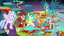 Size: 1920x1080 | Tagged: safe, screencap, gallus, ocellus, sandbar, silverstream, smolder, yona, changedling, changeling, classical hippogriff, dragon, earth pony, griffon, hippogriff, pony, yak, g4, uprooted, bow, cloven hooves, colored hooves, dragoness, female, flying, hair bow, hoof hold, jewelry, male, monkey swings, necklace, paws, pointing, student six, teenager, wings