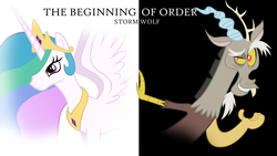 Size: 1920x1080 | Tagged: safe, artist:phantombadger, discord, princess celestia, alicorn, pony, g4, album cover, cover, cover art, female, male, mare, stormwolf, text