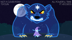 Size: 1920x1080 | Tagged: safe, artist:phantombadger, trixie, bear, pony, unicorn, ursa, ursa minor, g4, album cover, cape, clothes, cover, cover art, female, hat, mare, mare in the moon, moon, night, text, trixie's cape, trixie's hat, tsyolin, veggie55
