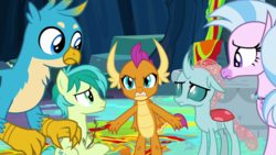 Size: 1920x1080 | Tagged: safe, screencap, gallus, ocellus, sandbar, silverstream, smolder, classical hippogriff, griffon, hippogriff, g4, uprooted