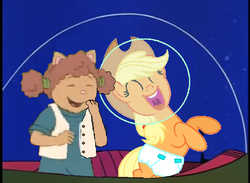 Size: 656x480 | Tagged: safe, artist:guihercharly, applejack, g4, arthur, astrobaby, astronaut, crossover, diaper, diaper fetish, driving, fetish, glass dome, laughing, non-baby in diaper, space, space car, sue ellen armstrong, the jetsons