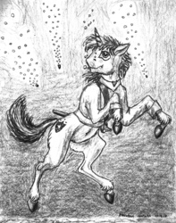 Size: 849x1080 | Tagged: safe, artist:mirdal, shining armor, pony, unicorn, fallout equestria, fallout equestria: vivat littlepip, g4, bullet, fanfic art, looking up, male, monochrome, stallion, traditional art, underwater, water