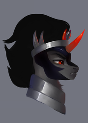 Size: 748x1046 | Tagged: safe, artist:sofiko-ko, king sombra, pony, g4, bust, crown, fangs, gray background, horn, jewelry, male, neck fluff, portrait, profile, red eyes, red horn, regalia, serious, serious face, simple background, solo