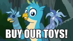 Size: 1024x576 | Tagged: safe, edit, edited screencap, screencap, gallus, griffon, g4, uprooted, buy our toys, caption, duckery in the description, image macro, sock puppet, text