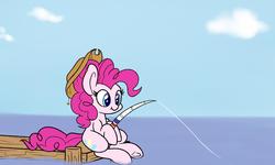 Size: 2000x1200 | Tagged: safe, artist:heir-of-rick, pinkie pie, earth pony, pony, daily apple pony, g4, cloud, cute, diapinkes, female, fishing, fishing rod, hat, hidden cane, mare, sitting, smiling, solo, underhoof