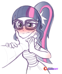 Size: 2000x2400 | Tagged: safe, artist:harkart, sci-twi, twilight sparkle, equestria girls, equestria girls series, g4, blushing, disembodied hand, female, hand, high res, offscreen character, patreon, patreon logo