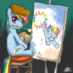 Size: 1024x1024 | Tagged: safe, artist:johnjoseco, edit, rainbow dash, earth pony, pegasus, pony, g4, brush, canvas, cute, easel, female, mare, paint, photoshop, simple background, smiling, solo, sonic rainboom, wingless, wingless edit