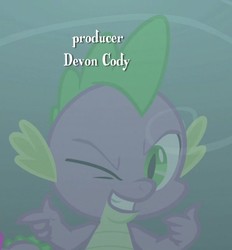 Size: 668x720 | Tagged: safe, screencap, spike, dragon, g4, uprooted, claws, devon cody, male, one eye closed, text, winged spike, wings, wink