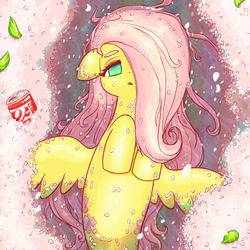 Size: 2067x2067 | Tagged: safe, artist:sigpi, fluttershy, mermaid, merpony, seapony (g4), g4, cherry blossoms, coke, female, flower, flower blossom, hair over one eye, high res, leaves, looking at you, mermaidized, open mouth, seaponified, seapony fluttershy, soda, soda can, solo, species swap, spread wings, spring, water, wings