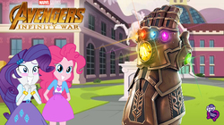 Size: 1194x669 | Tagged: safe, artist:balabinobim, pinkie pie, rarity, equestria girls, g4, avengers: infinity war, infinity gauntlet, infinity stones, marvel cinematic universe, this will end in death, this will end in disintegration, this will end in tears, this will end in tears and/or death, this will not end well, xk-class end-of-the-world scenario