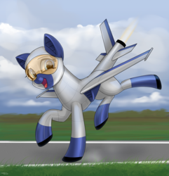 Size: 1600x1660 | Tagged: safe, artist:hardbrony, oc, oc only, original species, plane pony, pony, aircraft, female, happy, looking at you, open mouth, plane, runway, solo