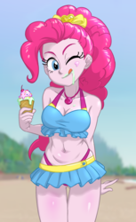 Size: 610x1000 | Tagged: safe, artist:ta-na, pinkie pie, equestria girls, g4, adorasexy, beach, beach babe, breasts, cleavage, clothes, cute, diapinkes, female, food, geode of sugar bombs, ice cream, ice cream cone, licking, licking lips, looking at you, magical geodes, messy eating, one eye closed, sand, sexy, solo, swimsuit, tongue out, wink