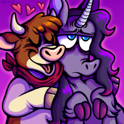 Size: 1000x1000 | Tagged: safe, artist:angry-baby, arizona (tfh), oleander (tfh), classical unicorn, cow, pony, unicorn, them's fightin' herds, ariander, bandana, bust, cloven hooves, community related, eyes closed, female, heart, horn, interspecies, leonine tail, lesbian, shipping, smiling, unshorn fetlocks