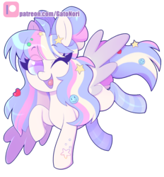 Size: 2893x3115 | Tagged: safe, artist:norithecat, oc, oc only, pegasus, pony, clothes, digital, female, hairclip, happy face, heart, high res, one eye closed, palindrome get, pastel, patreon, patreon logo, simple background, socks, solo, stars, transparent background, watermark, wings, wink