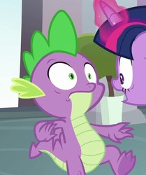 Size: 591x706 | Tagged: safe, screencap, spike, twilight sparkle, alicorn, dragon, pony, g4, uprooted, claws, cropped, glowing horn, horn, surprised, tail, twilight sparkle (alicorn), winged spike, wings