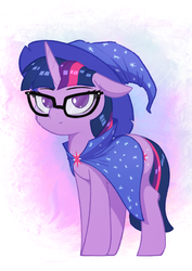 Size: 850x1200 | Tagged: safe, artist:shydale, twilight sparkle, pony, unicorn, g4, abstract background, cape, clothes, cute, ear fluff, female, floppy ears, glasses, hat, looking at you, mare, solo, the great and powerful twily, trixie's cape, trixie's hat, twiabetes, unicorn twilight, wizard hat