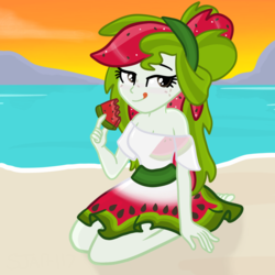 Size: 2100x2100 | Tagged: safe, artist:sjart117, oc, oc only, oc:watermelana, equestria girls, g4, barefoot, beach, blushing, breasts, cleavage, clothes, cloud, dress, equestria girls-ified, feet, female, food, freckles, fruit, hand, high res, kneeling, licking, licking lips, looking at you, mountain, ocean, sand, shadow, sitting, solo, sunset, toes, tongue out, watermelon
