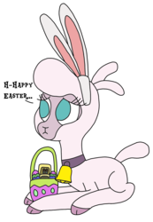 Size: 1308x1890 | Tagged: safe, artist:supahdonarudo, pom (tfh), lamb, sheep, them's fightin' herds, adorapom, basket, bell, bunny ears, cloven hooves, collar, community related, cute, dialogue, easter, easter egg, egg, holiday, prone, talking