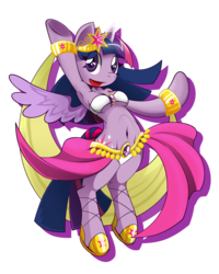 Size: 2400x3000 | Tagged: safe, artist:basilloon, twilight sparkle, alicorn, anthro, semi-anthro, g4, arm hooves, armpits, belly button, belly dancer, breasts, dancing, female, fishnet stockings, high res, looking at you, midriff, solo, twilight sparkle (alicorn)