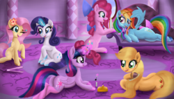 Size: 6173x3531 | Tagged: safe, artist:greenbrothersart, applejack, fluttershy, pinkie pie, rainbow dash, rarity, twilight sparkle, alicorn, earth pony, pegasus, pony, unicorn, g4, absurd resolution, female, makeover, mane six, mare, smiling, twilight sparkle (alicorn), wing hands