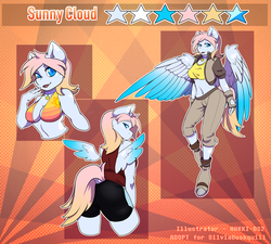 Size: 1334x1200 | Tagged: safe, artist:hakkids2, oc, oc only, oc:sunny cloud, pegasus, anthro, unguligrade anthro, anthro oc, belly button, bikini, bikini top, clothes, markings, midriff, reference sheet, shorts, solo, swimsuit