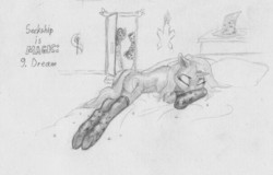 Size: 1280x817 | Tagged: safe, artist:joestick, apple bloom, scootaloo, starlight glimmer, sweetie belle, trixie, earth pony, pony, g4, bed, clothes, cutie mark crusaders, doorway, hat, magic, on bed, prank, sleeping, socks, sockship is magic, traditional art, trixie's hat