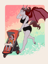 Size: 2247x3015 | Tagged: safe, artist:blackblood-queen, oc, oc only, oc:pepper zest, oc:scarlet quill, bat pony, anthro, unguligrade anthro, anthro oc, baby, baby bottle, bat pony oc, clothes, commission, drool, eyes closed, fangs, female, filly, high res, jogging, mare, milf, mother and daughter, offspring, one eye closed, parent:oc:savory zest, parent:oc:scarlet quill, parents:oc x oc, parents:scarlory, sleeping, slit pupils, sports bra, sports shorts, stroller, sweat, toddler