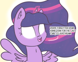 Size: 1936x1532 | Tagged: safe, artist:artiks, twilight sparkle, alicorn, pony, g4, ethereal mane, female, flowing mane, galaxy mane, glowing horn, horn, implied silverstream, magic, mare, solo, speech, spread wings, this will end in detention, twilight sparkle (alicorn), white eyes, wings