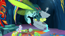 Size: 2100x1178 | Tagged: safe, screencap, ocellus, silverstream, yona, classical hippogriff, hippogriff, yak, g4, uprooted, bucket, carrying, cave, cave of harmony, changeling mega evolution, disguise, disguised changeling, female, flying, fountain, mural, paint, paint bucket, stinger, trio, water