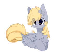 Size: 1161x963 | Tagged: dead source, safe, artist:php146, derpy hooves, pegasus, pony, g4, chest fluff, cute, derpabetes, ear fluff, eye clipping through hair, female, folded wings, lying down, mare, ponyloaf, prone, simple background, solo, wings