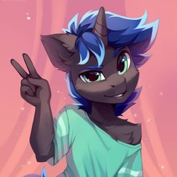 Size: 658x658 | Tagged: safe, artist:lispp, oc, oc only, oc:lock down, unicorn, anthro, clothes, cute, fluffy, horn, looking at you, male, peace sign, smiling, solo, unicorn oc