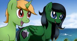 Size: 1810x960 | Tagged: safe, artist:wolftendragon, pegasus, pony, unicorn, duo, duo male and female, emily the emerald engine, female, male, mare, percy the small engine, ponified, stallion, thomas the tank engine