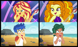 Size: 3992x2392 | Tagged: safe, artist:3d4d, edit, edited screencap, screencap, adagio dazzle, flash sentry, sunset shimmer, timber spruce, equestria girls, equestria girls specials, g4, my little pony equestria girls: better together, my little pony equestria girls: spring breakdown, all good (song), comparison, female, high res, lifeguard timber, male, ship:flashimmer, shipping, shipping domino, starry eyes, straight, timberdazzle, wingding eyes