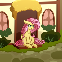 Size: 4000x4000 | Tagged: safe, artist:witchtaunter, fluttershy, pegasus, pony, g4, angry, chest fluff, commission, cute, ear fluff, female, fluttershy is not amused, leg fluff, madorable, mare, outdoors, sitting, solo, unamused
