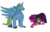 Size: 1030x657 | Tagged: safe, artist:dbkit, oc, oc:kirouac, oc:loyaldark, oc:shifting surprise, changeling, hybrid, pony, bowing, cape, changeling oc, clothes, commission, duo, halfling, kneeling, niclove, simple background, transparent background