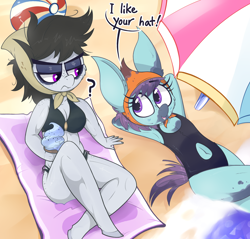 Size: 2500x2394 | Tagged: safe, artist:dragonpone, derpibooru exclusive, soot stain, sooty sweeps, earth pony, anthro, unguligrade anthro, g4, arm behind head, armpits, bags under eyes, beach, beach ball, beach towel, beach umbrella, belly button, bikini, blushing, clothes, dialogue, duo, duo female, female, food, freckles, frown, headscarf, heart eyes, high res, hip freckles, ice cream, ice cream cone, looking at each other, mare, navel cutout, ocean, on back, one-piece swimsuit, open mouth, question mark, scarf, shoulder freckles, sitting, smiling, soot, swimsuit, umbrella, wingding eyes