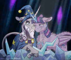 Size: 1600x1337 | Tagged: safe, artist:inuhoshi-to-darkpen, star swirl the bearded, tree of harmony, alicorn, classical unicorn, pony, unicorn, g4, the beginning of the end, beard, cloven hooves, crystal, duo, ear fluff, facial hair, female, fluffy, hat, horn, leonine tail, male, mare, stallion, treelight sparkle, unshorn fetlocks, wing fluff, wizard hat
