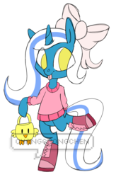Size: 701x1066 | Tagged: safe, artist:changchongchen, oc, oc only, oc:fleurbelle, alicorn, pony, alicorn oc, basket, bow, easter basket, female, hair bow, happy, jumper, legs, legs in air, mare, pink jumper, pink sneakers, ribbon, shoes, sneakers, tongue out, yellow eyes