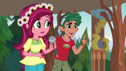 Size: 1920x1080 | Tagged: safe, screencap, gloriosa daisy, timber spruce, equestria girls, g4, my little pony equestria girls: legend of everfree, camp everfree outfits, clothes, female, flower, flower in hair, geode of fauna, geode of shielding, geode of sugar bombs, geode of super speed, geode of super strength, magical geodes, male, microphone, shorts