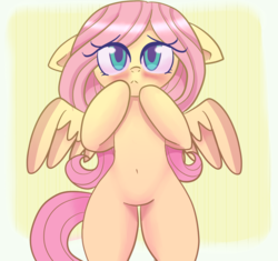 Size: 1700x1600 | Tagged: safe, artist:tuxisthename, fluttershy, pegasus, pony, g4, belly button, bipedal, blushing, cute, female, floppy ears, shyabetes, solo, spread wings, wings