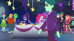 Size: 1280x720 | Tagged: safe, screencap, cosmo quark, flash sentry, grassy knoll (g4), sci-twi, sunset shimmer, thick coat, timber spruce, twilight sparkle, equestria girls, equestria girls series, g4, twilight under the stars, spoiler:eqg series (season 2), background human, bald, balloon, clothes, converse, cup, female, food, glasses, high heels, legs, male, male pattern baldness, pants, ponytail, shoes, smiling