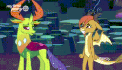 Size: 640x368 | Tagged: safe, screencap, ocellus, thorax, changedling, changeling, g4, uprooted, animated, cave of harmony, changeling king, changeling magic, cute, diaocelles, discovery family logo, disguise, disguised changeling, dragon ocellus, duo, gif, king thorax, needs more jpeg, thorax is not amused