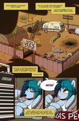 Size: 1080x1649 | Tagged: safe, artist:alittleofsomething, artist:shinodage, oc, oc only, oc:delta vee, pegasus, pony, comic:delta vee's junkyard, armpits, bottle, chest fluff, cigarette, clothes, comic, delta vee's junkyard, drinking, eyes closed, female, implied apogee, mare, nirvana, offscreen character, smells like teen spirit, solo, speech bubble, tank top, wing hands