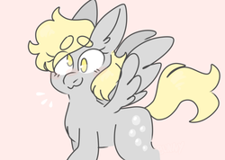 Size: 500x355 | Tagged: safe, artist:bunnykitty13, derpy hooves, pegasus, pony, g4, chest fluff, cute, derpabetes, eye clipping through hair, eyebrows, eyebrows visible through hair, female, mare, no pupils, pink background, simple background, solo