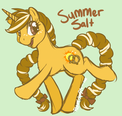 Size: 569x540 | Tagged: safe, artist:ryunwoofie, oc, oc only, oc:summer salt, pony, unicorn, braid, braided tail, female, freckles, mare, raised leg, reference, simple background, solo