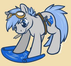 Size: 488x455 | Tagged: safe, artist:ryunwoofie, oc, oc only, oc:blueprints, earth pony, pony, blueprint, goggles, hammer, male, mouth hold, pencil, simple background, solo, stallion, toolbelt, tools