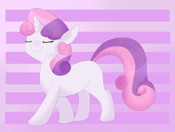 Size: 2666x2000 | Tagged: safe, artist:kazehanatenshi, sweetie belle, pony, unicorn, g4, abstract background, blank flank, cute, diasweetes, eyes closed, female, filly, high res, solo