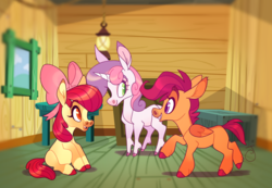 Size: 2796x1930 | Tagged: safe, artist:janegumball, apple bloom, scootaloo, sweetie belle, earth pony, pegasus, pony, unicorn, g4, blank flank, bow, cloven hooves, clubhouse, colored hooves, crusaders clubhouse, cutie mark crusaders, female, filly, hair bow, signature, trio