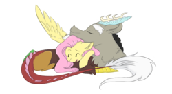 Size: 831x455 | Tagged: safe, artist:phineaddict, artist:yuyusunshine, discord, fluttershy, draconequus, pony, g4, chest fluff, colored, colored sketch, cute, discute, ear fluff, eyes closed, female, male, open mouth, profile, prone, ship:discoshy, shipping, shyabetes, simple background, sleeping, snuggling, straight, transparent background