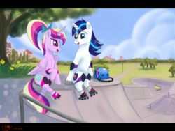 Size: 1867x1401 | Tagged: safe, artist:greenbrothersart, princess cadance, shining armor, alicorn, pony, unicorn, g4, background pony, cute, date, elbow pads, female, helmet, knee pads, looking at each other, male, roller skates, rollerblades, ship:shiningcadance, shipping, sitting, skate park, straight, teen princess cadance, teenage shining armor